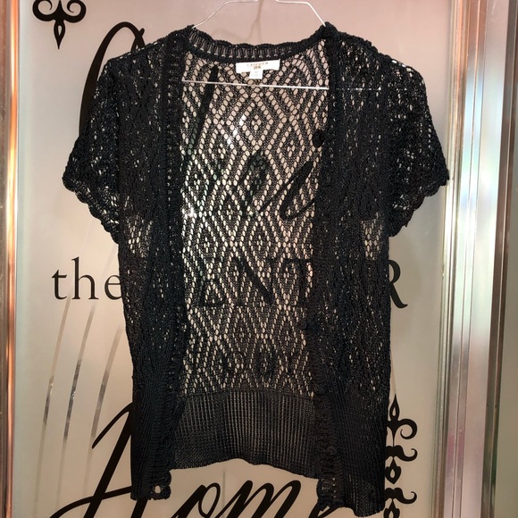 Black lacy short sleeve button up cardigan top - Picture 2 of 5